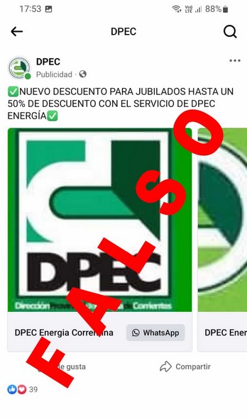 LA DPEC ADVIERTE SOBRE UNA FALSA PROMOCIÓN DE DESCUENTOS PARA JUBILADOS