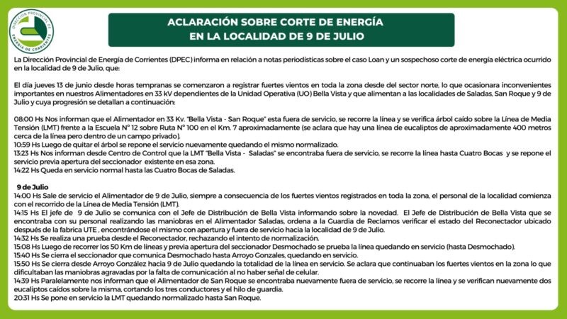 LA DPEC ACLARA SOBRE LOS CORTES DE ENERGÍA CUANDO DESAPARECIÓ LOAN