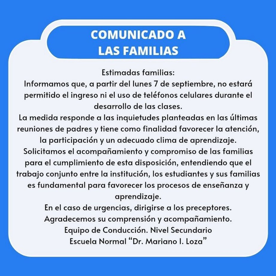 ESCUELA DE GOYA PROHIBE EL USO DE CELULARES EN SUS AULAS