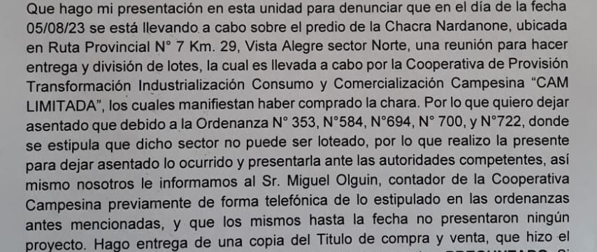 EL INTENDENTE DE VISTA ALEGRE DENUNCIO A LA COOPERATIVA CAM LIMITADA POR ENTREGA Y DIVISION DE LOTES EN TIERRAS PRODUCTIVAS