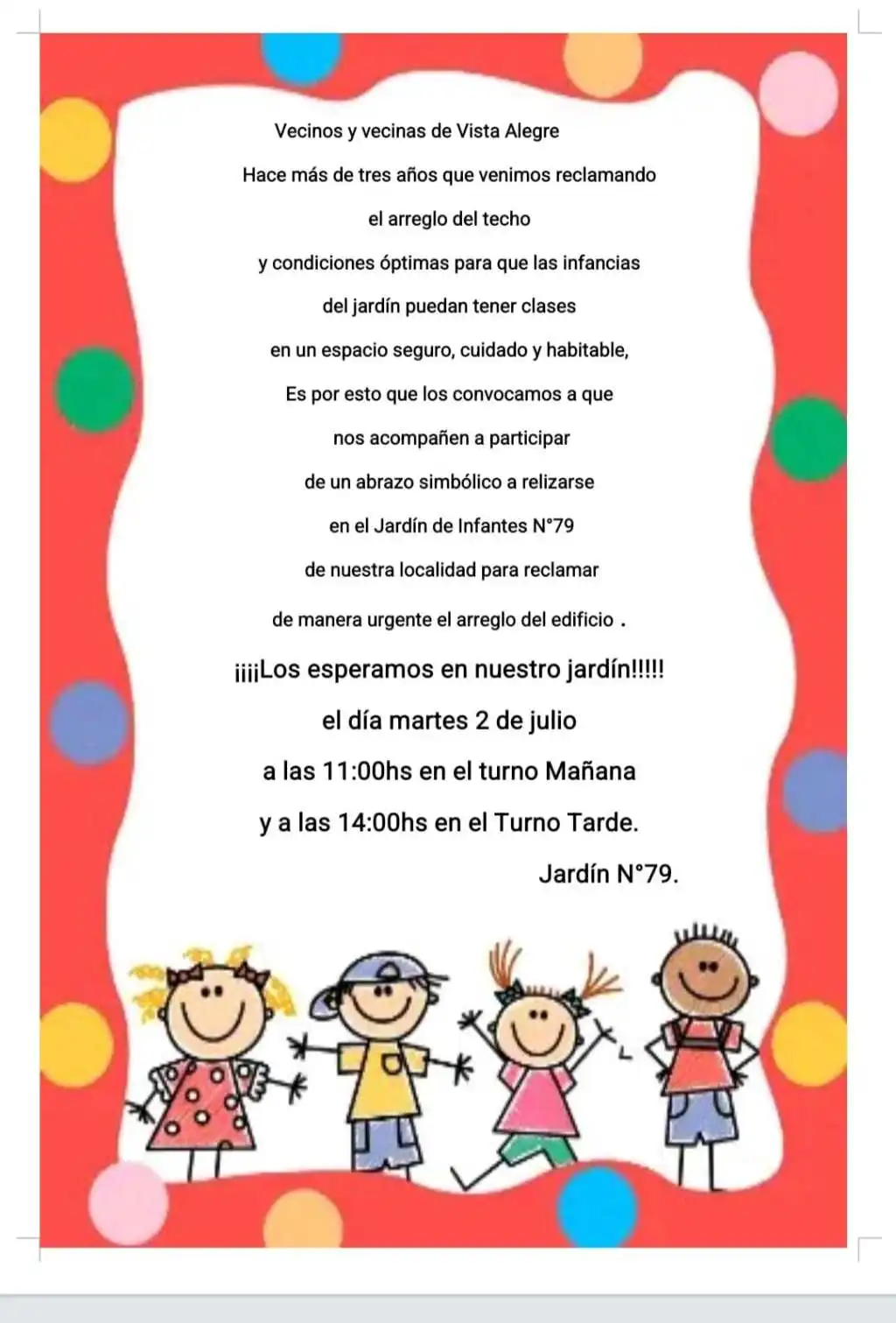 FAMILIAS Y PERSONAL DOCENTE DEL JARDIN 79 DE VISTA ALEGRE, CONVOCAN A UN ABRAZO SIMBOLICO A LA INSTITUCIÓN. .
