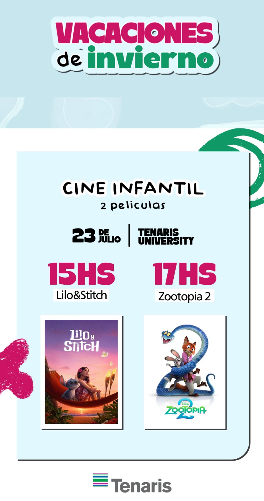 Tenaris invita a disfrutar de dos funciones de cine en estas vacaciones de invierno