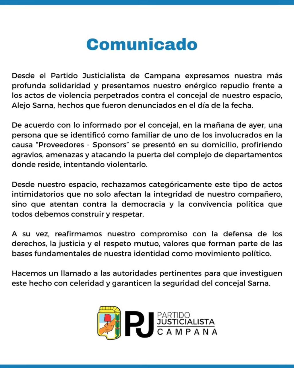 El P.J emitió un comunicado por agresiones al concejal Sarna