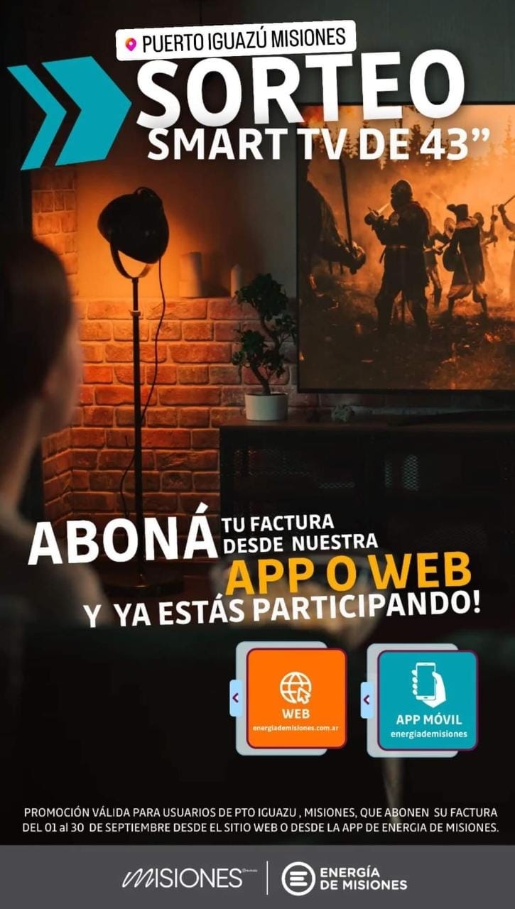 Puerto Iguazú: Ganate un SMART TV abonando tus facturas de forma online desde la APP o web de Energía de Misiones