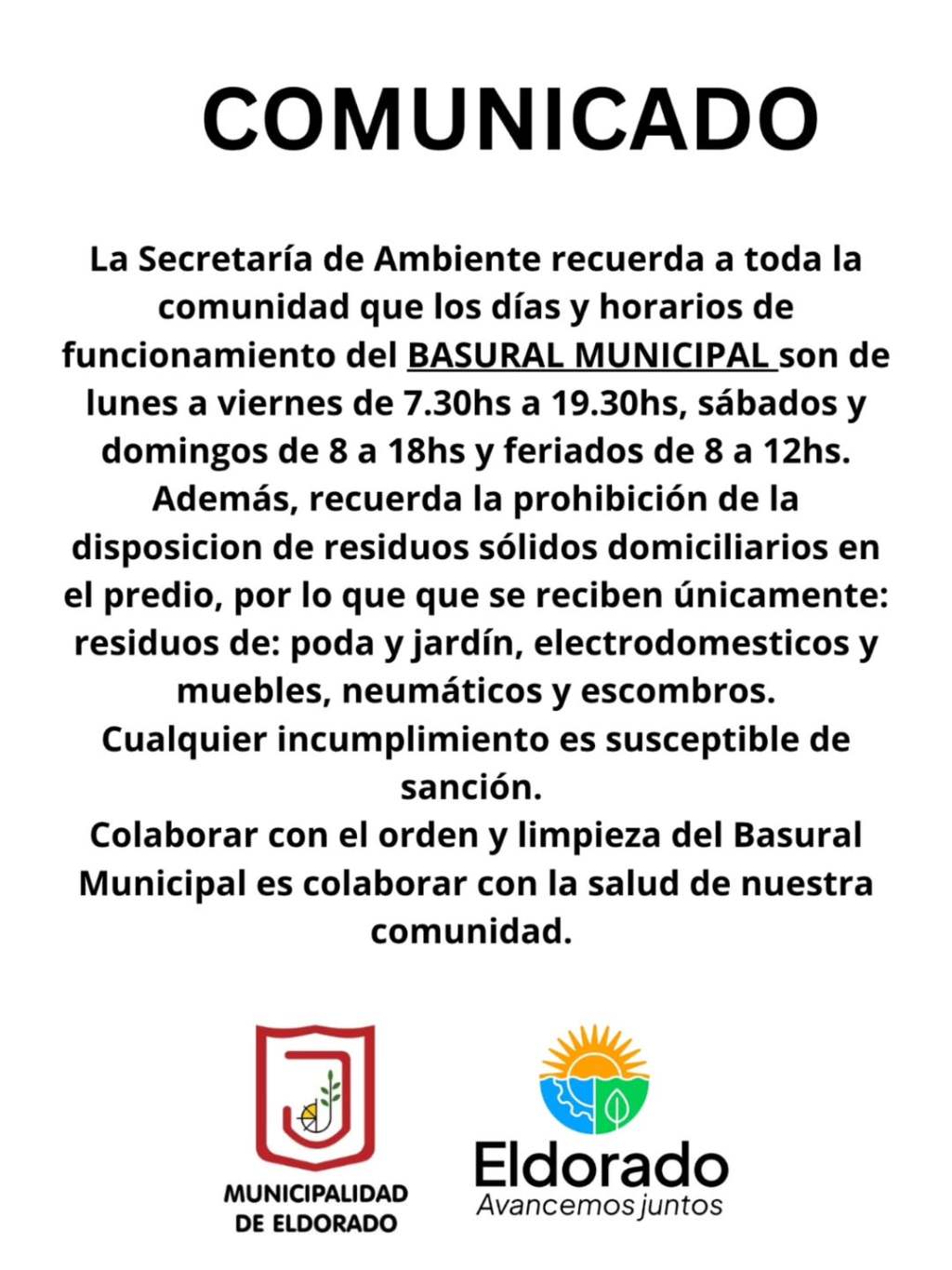 La Municipalidad recuerda los horarios y normas de uso del Basural Municipal