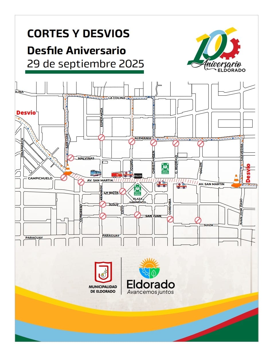 Habrá desvíos de tránsito el lunes por el acto central del 106° aniversario de Eldorado