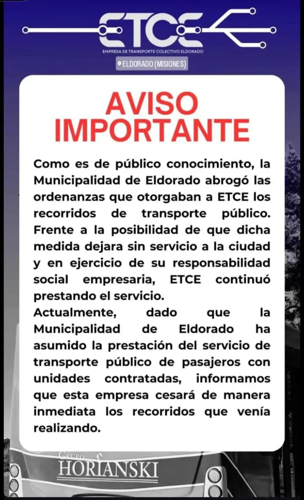 ETCE anunció el cese da la prestación del servicio de transporte en Eldorado