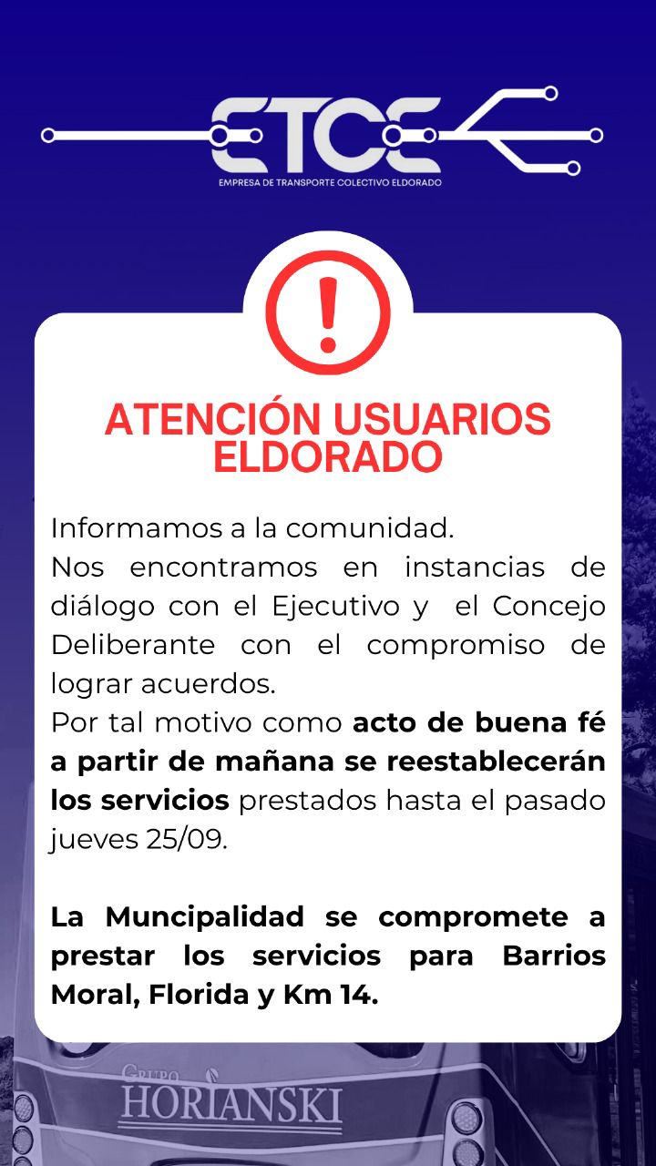 Se restablece el servicio de transporte urbano en Eldorado tras acuerdo con la Municipalidad