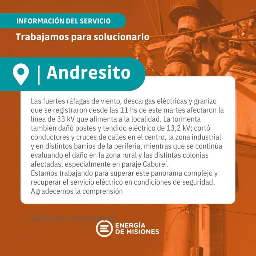 Energía de Misiones informa los daños en Andresito