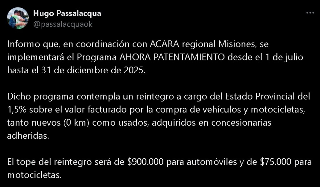PASSALACQUA ANUNCIÓ EL PROGRAMA AHORA PATENTAMIENTO CON REINTEGROS PARA LA COMPRA DE VEHÍCULOS