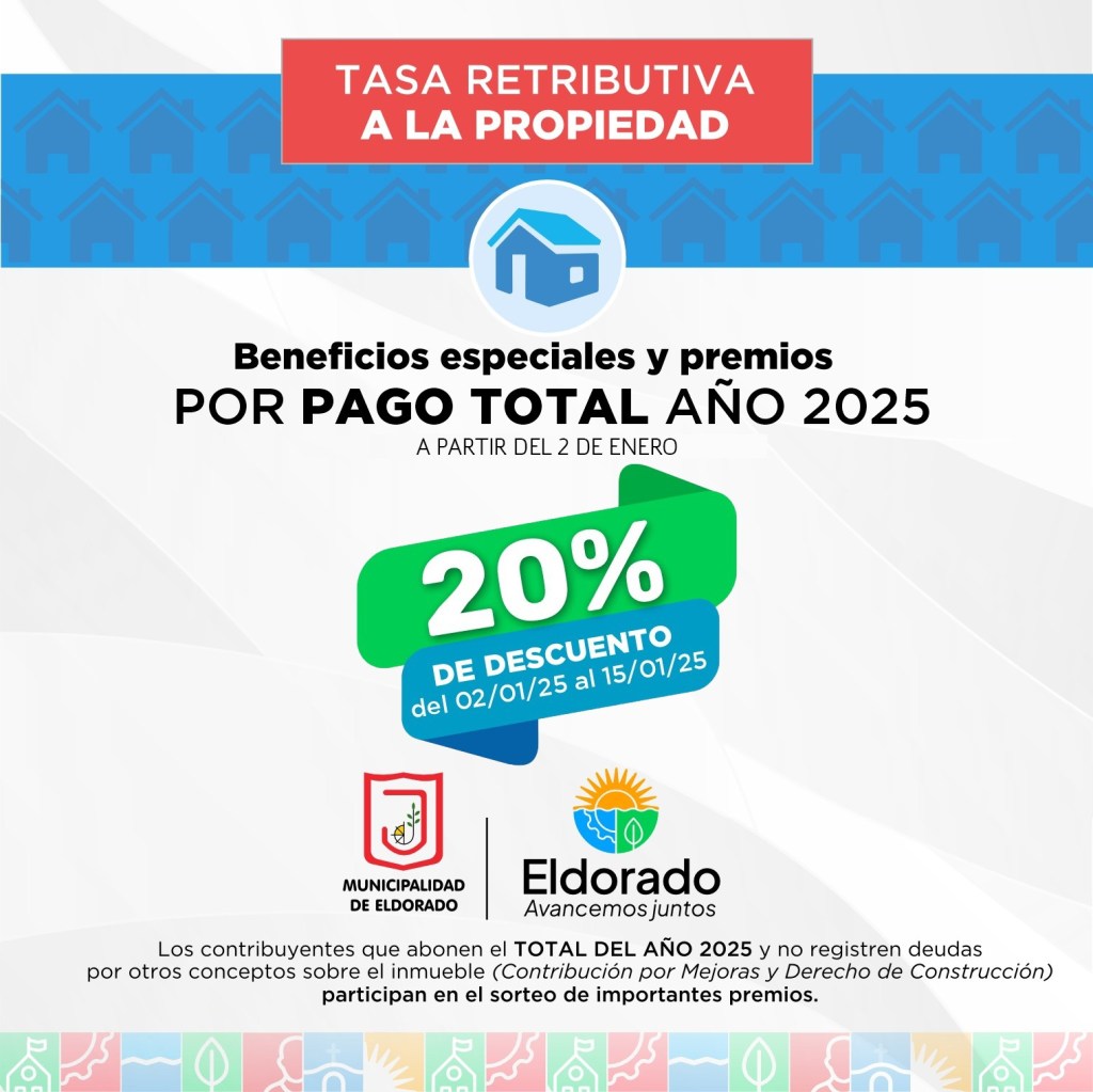 Eldorado: Ultimos días para acceder al beneficio del 20% de descuento por pago de la Tasa Retributiva a la Propiedad