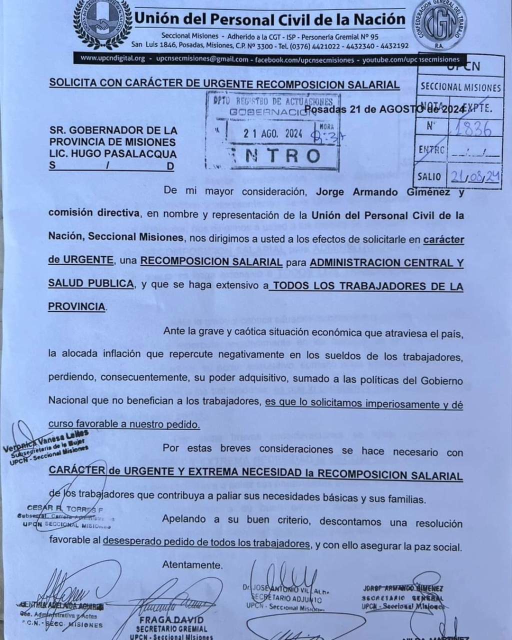 UPCN SOLICITO AL GOBERNADOR UNA URGENTE RECOMPOSICIÓN SALARIAL