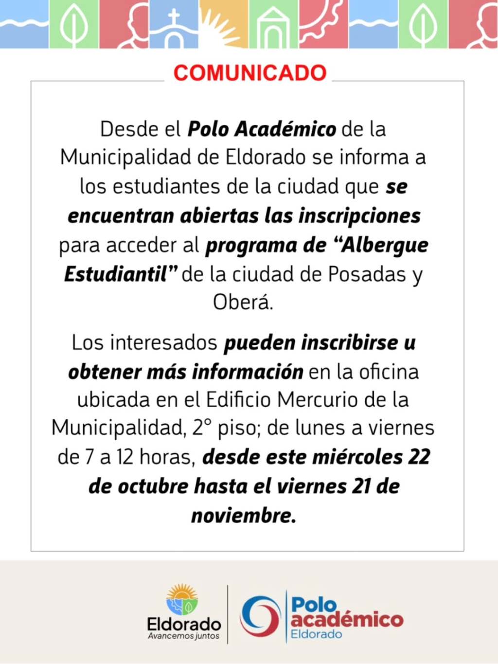 Se abrieron las inscripciones para el programa de “Albergue Estudiantil” de Posadas y Oberá