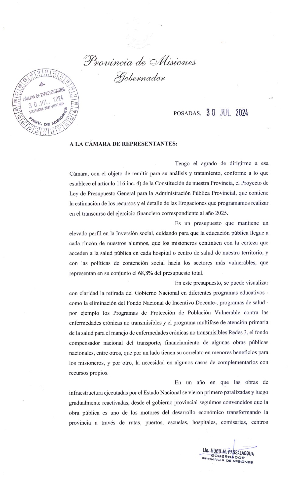 Passalacqua presentó el proyecto de presupuesto para 2025